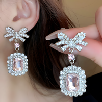 Pink Crystal Bow Pendant Necklace and Drop Earrings Set for Women Square 1392