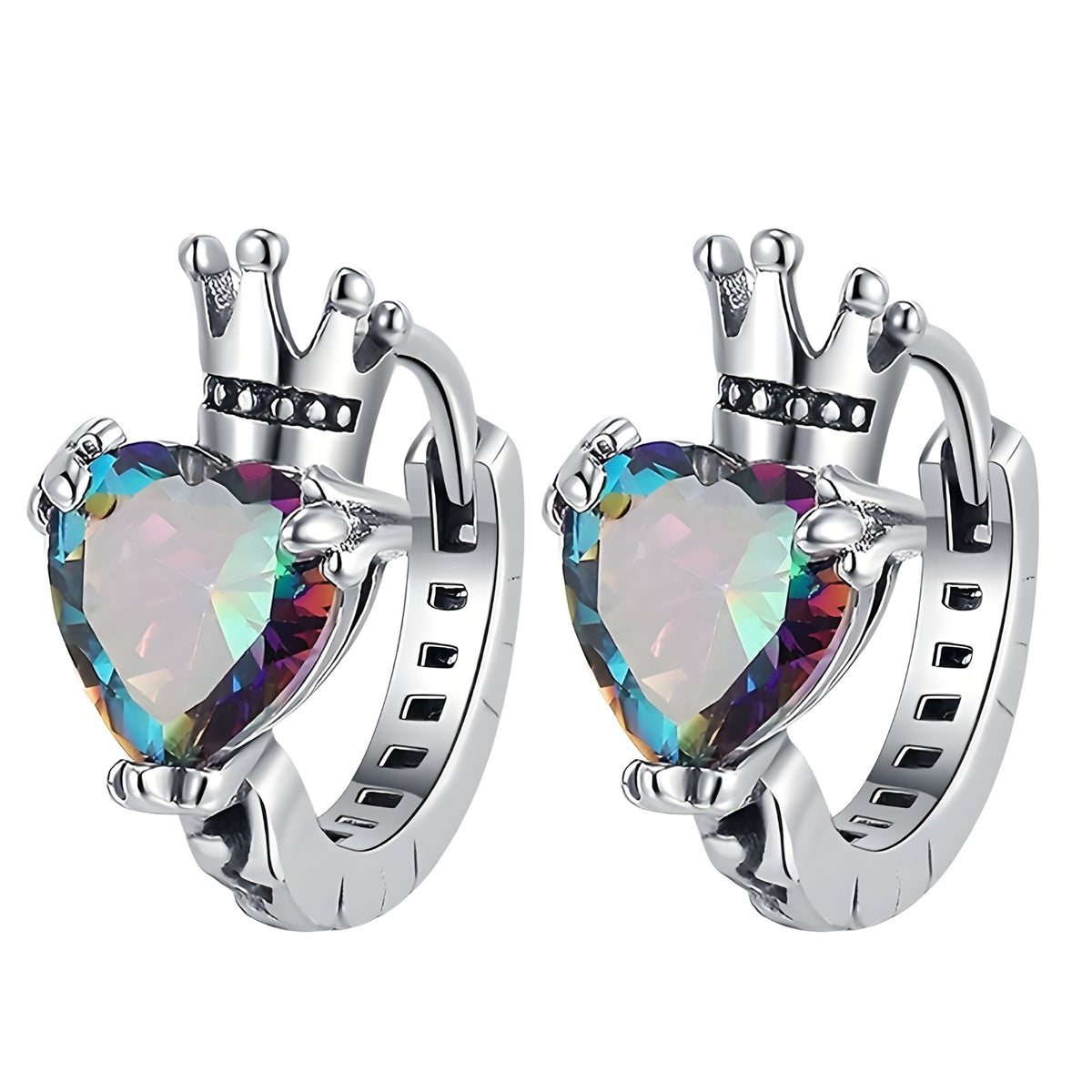 Sterling Silver Crown Heart Hoop Earrings for Women – Cubic Zirconia Hoops 840