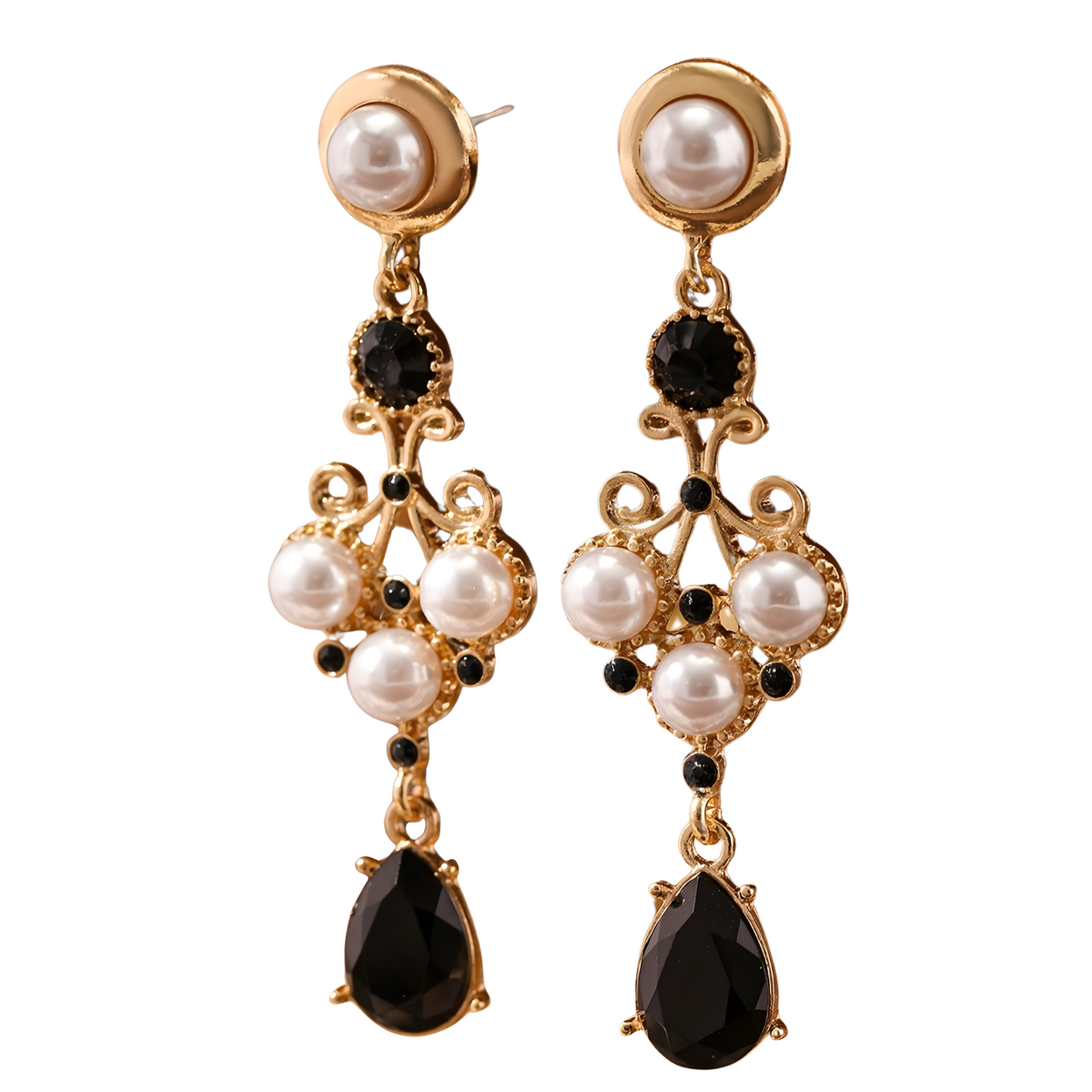 Gold Plated Drop Earrings – Black Rhinestone & Pearl Accent Vintage Earrings 738