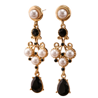 Gold Plated Drop Earrings – Black Rhinestone & Pearl Accent Vintage Earrings 738