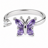 Butterfly Spinner Ring Silver Tone Adjustable Open Ring with Purple Crystal 1589