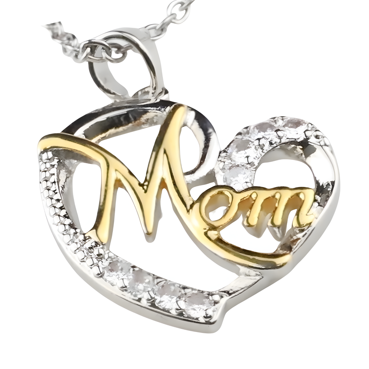 Multi Tone Heart 'Mom' Pendant Necklace -Script 'Mom' Design Cubic Zirconic 1364