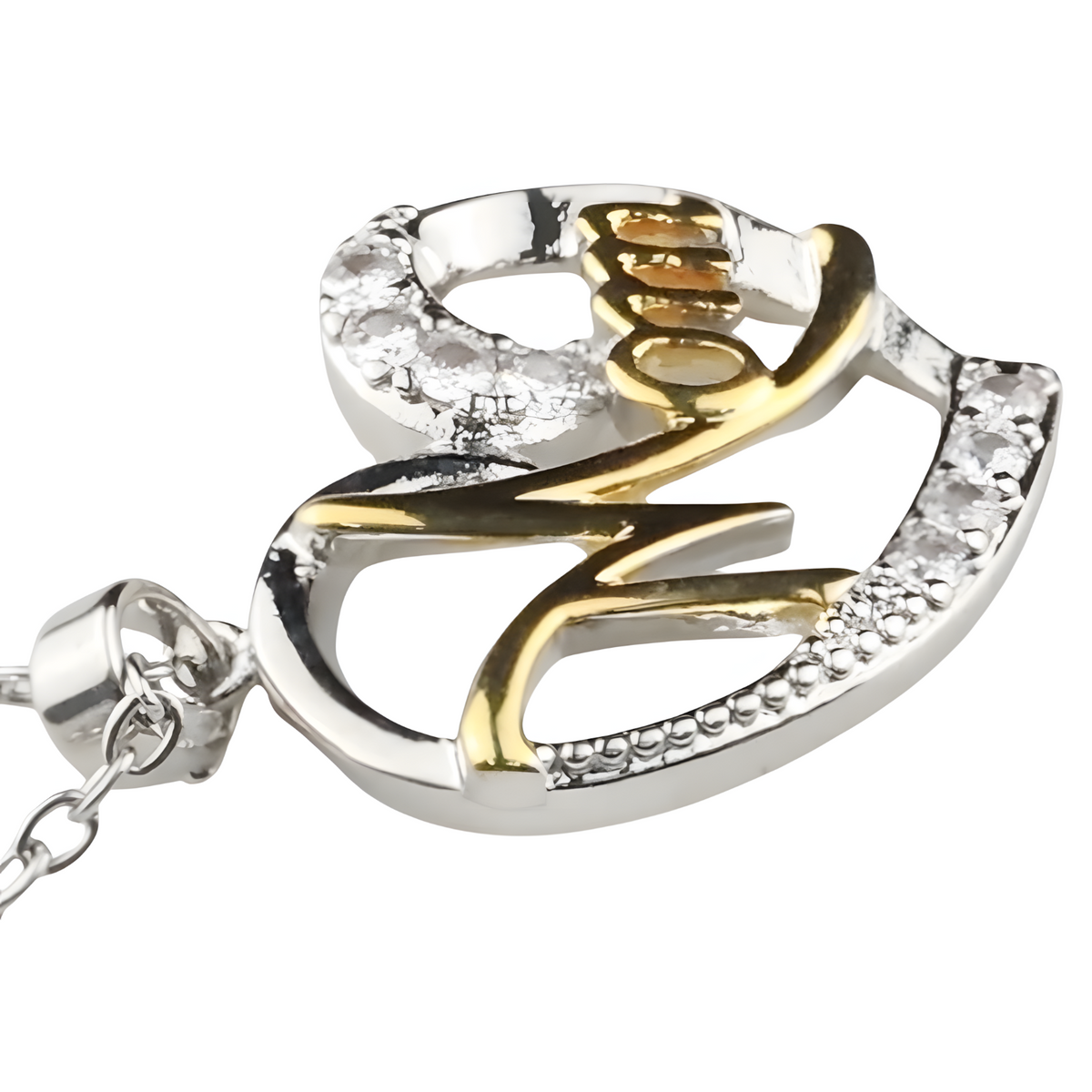 Multi Tone Heart 'Mom' Pendant Necklace -Script 'Mom' Design Cubic Zirconic 1364
