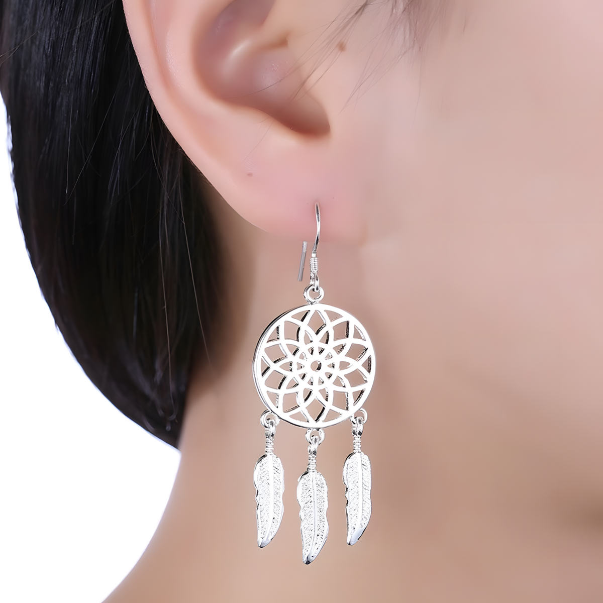 Silver Plated Alloy Dreamcatcher Drop Earrings for Women Feather Charm HooK 1414
