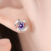 Purple Crystal Swirl Stud Earrings Women Elegant Round Cut CZ in 925 Silver 951