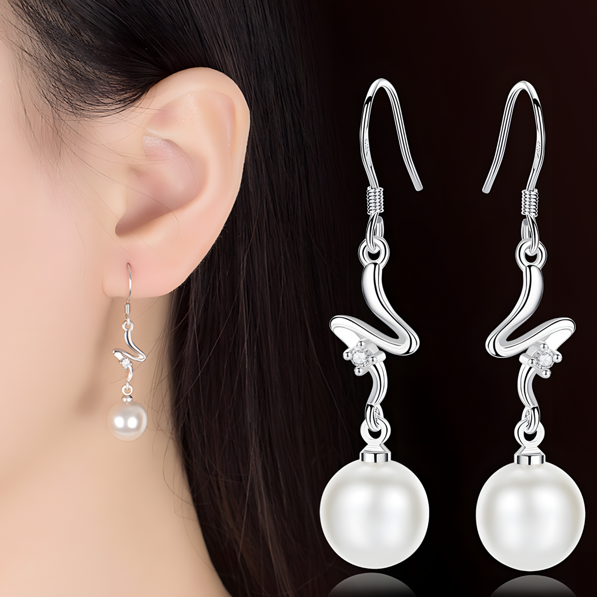 925 Silver-Plated Freshwater Pearl Drop Earrings for Women Elegant Geometric 919