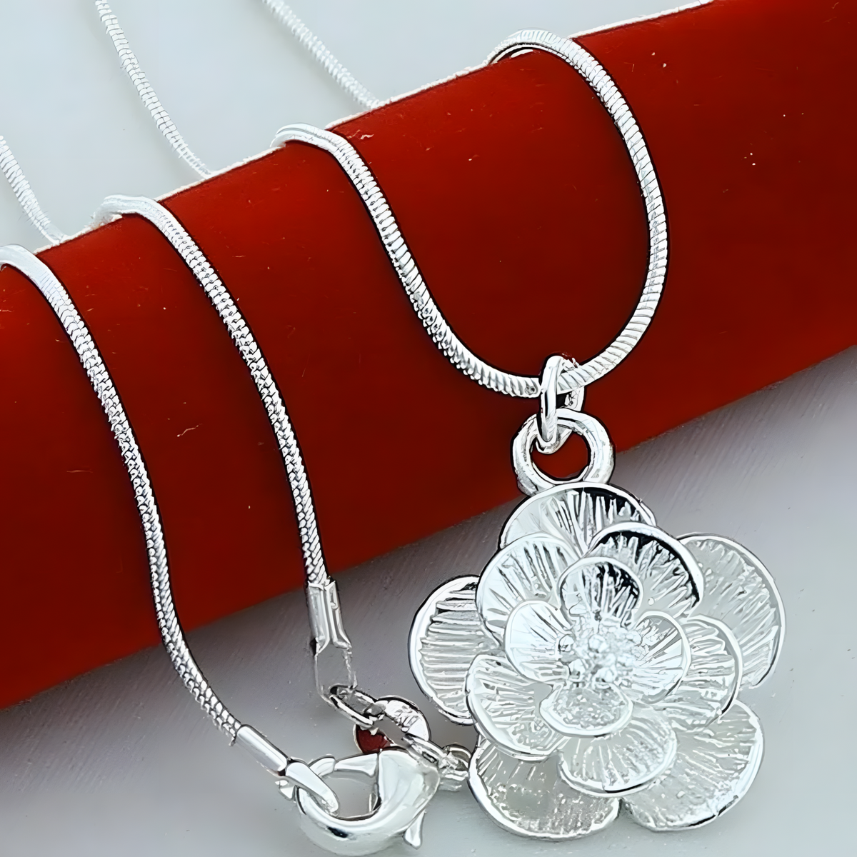 Rose Flower Pendant Necklace for Women–Copper Alloy with 925 Silver Plating 1201