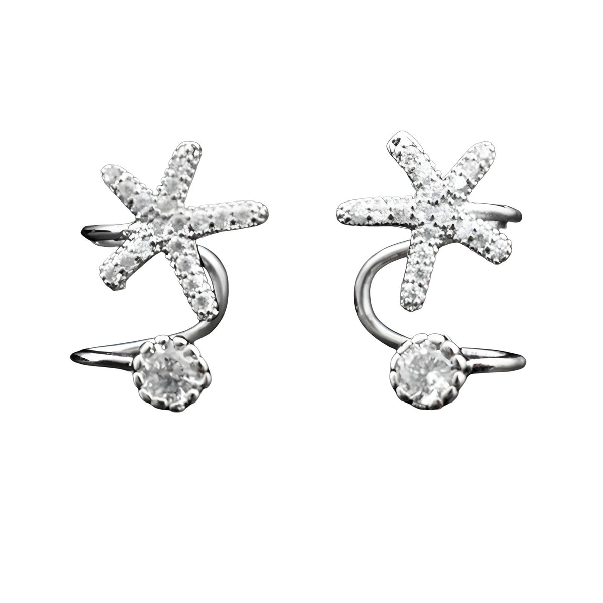 925 Sterling Silver Starfish & CZ Spiral Cuff Earrings - Unique Ear Climber 354