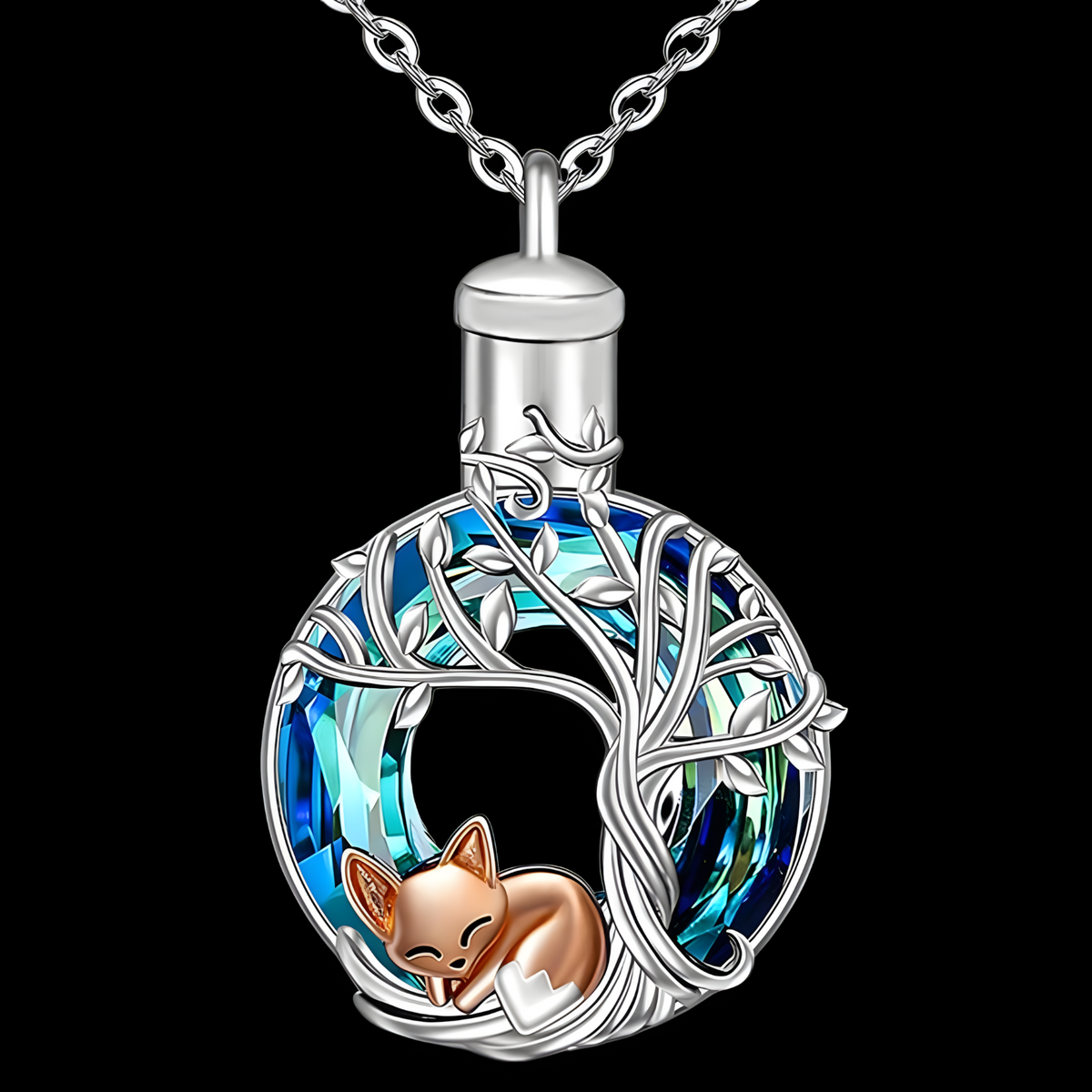 Lovely Fox Tree of Life Crystal Urn Necklace - Keepsake Memorial Jewellery B68
