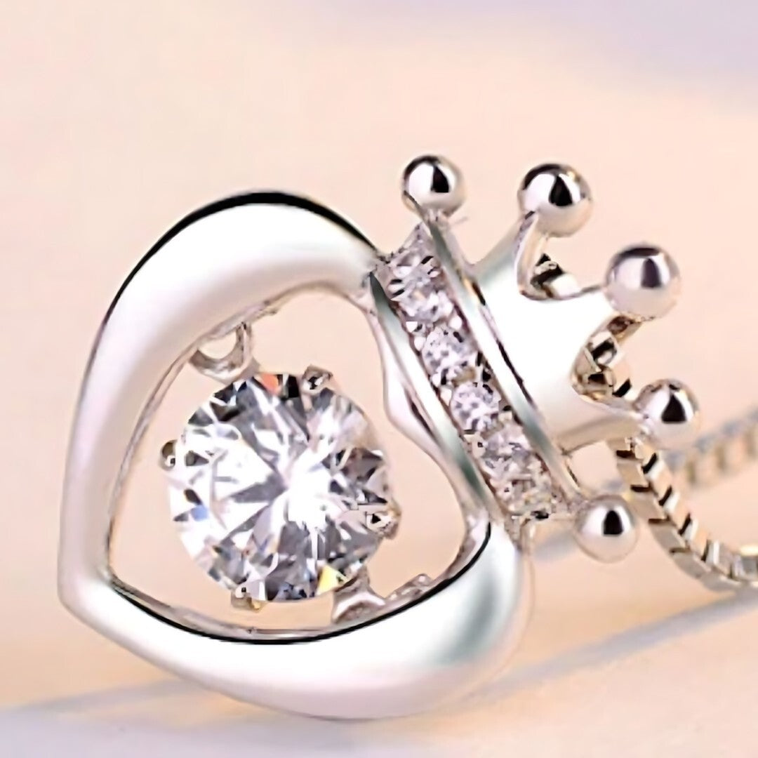 925 Sterling Silver Crown Heart Dancing Zircon Necklace – Elegant Box Chain 252