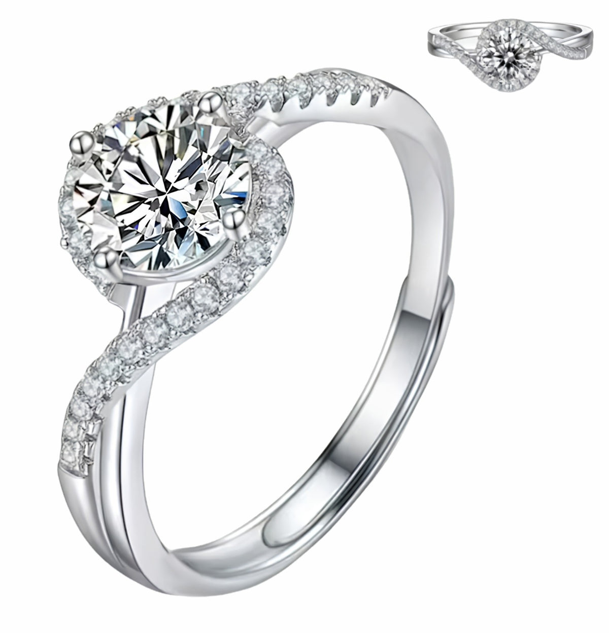 Ring Round Brilliant Halo Solitaire Twisted Band Adjustable Wedding Ring 1671
