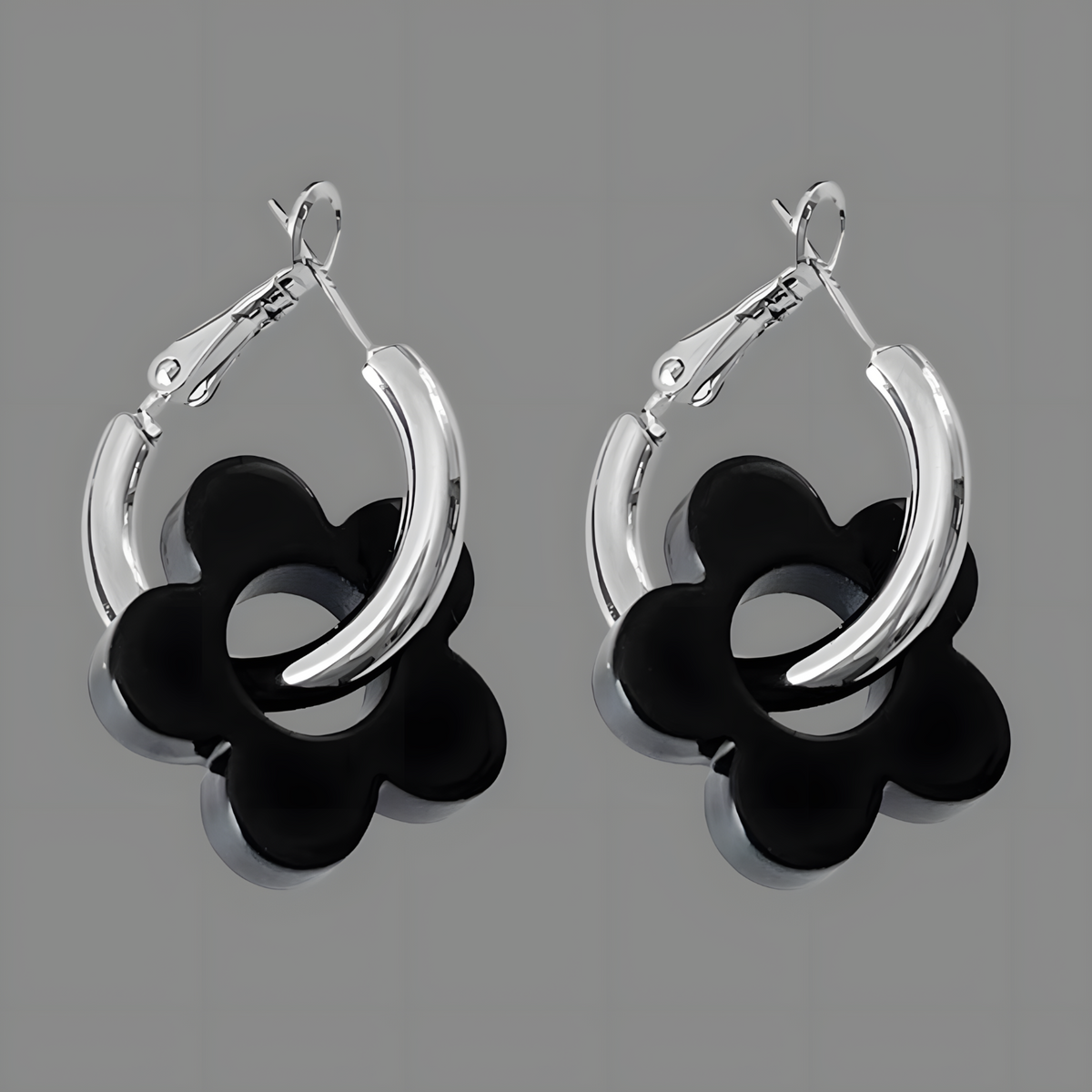 Zinc Alloy & Acrylic Flower Hoop Earrings Women – Trendy Black Retro Floral 990