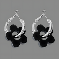 Zinc Alloy & Acrylic Flower Hoop Earrings Women – Trendy Black Retro Floral 990