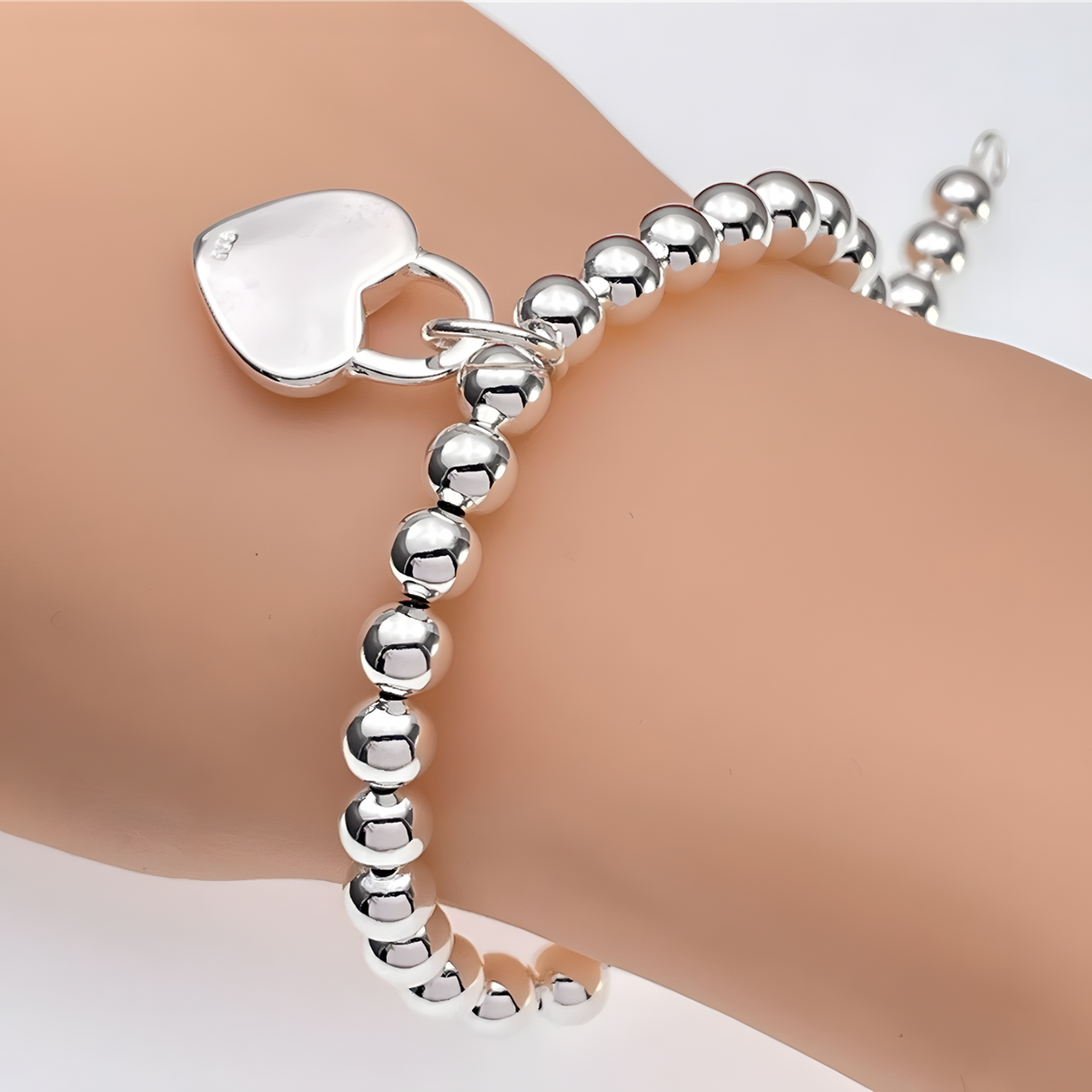 925 Sterling Silver 6MM beads chain charm Heart Pendant Bracelets for Women 1731