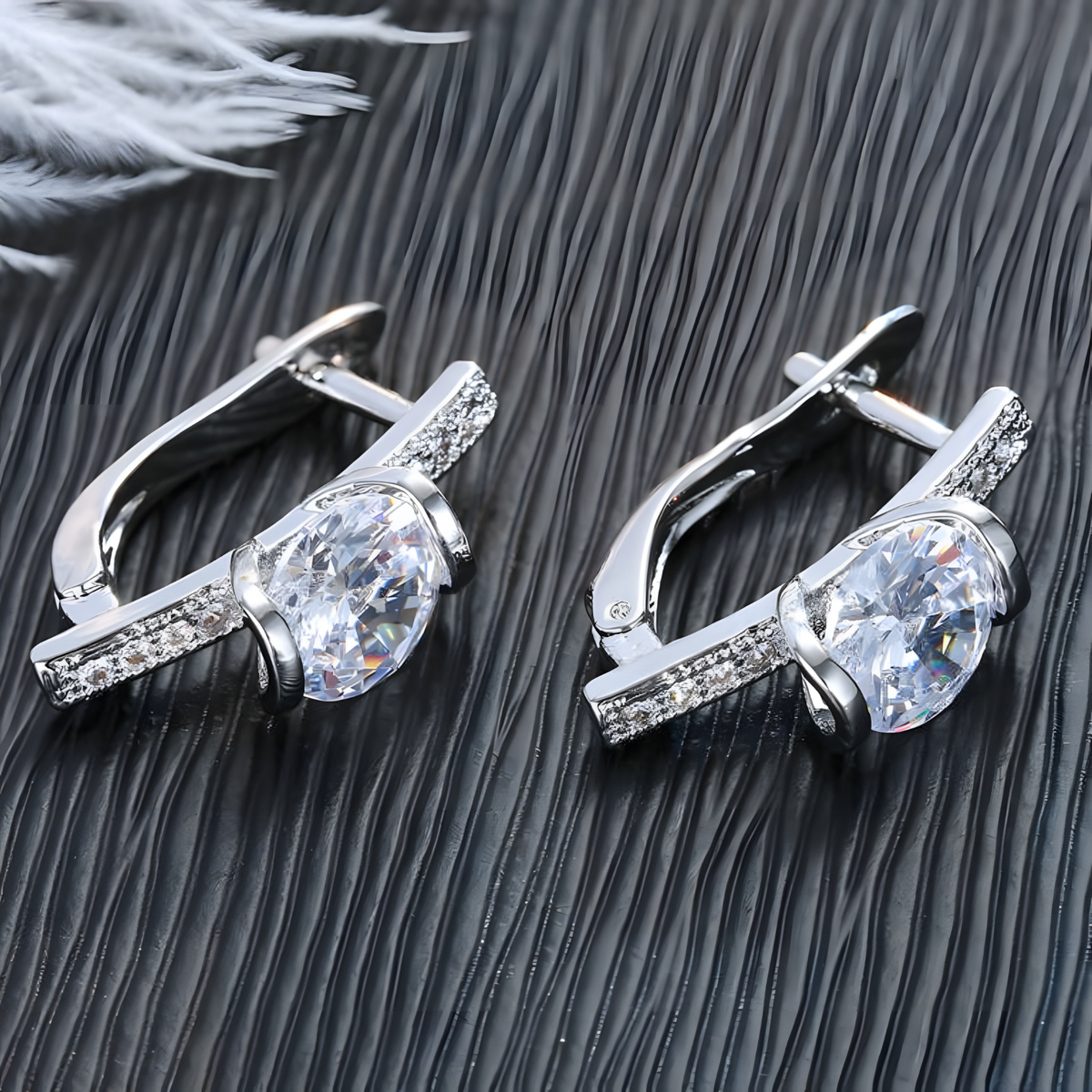 Sterling Silver-Plated Hoop Earrings – Elegant Cubic Zirconia Stone Design 905