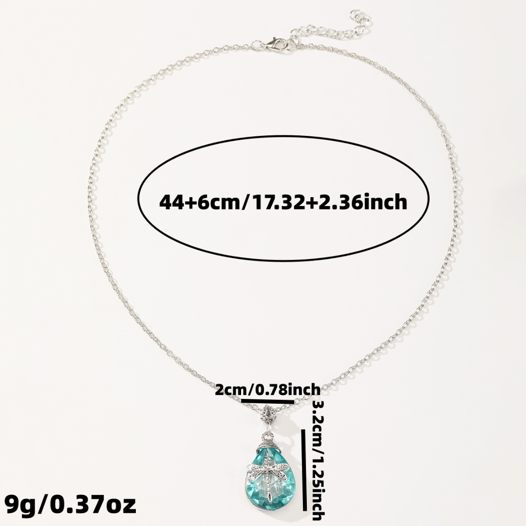 Dragonfly Teardrop Crystal Necklace For Women Silver Tone Aqua Blue Pendant B353