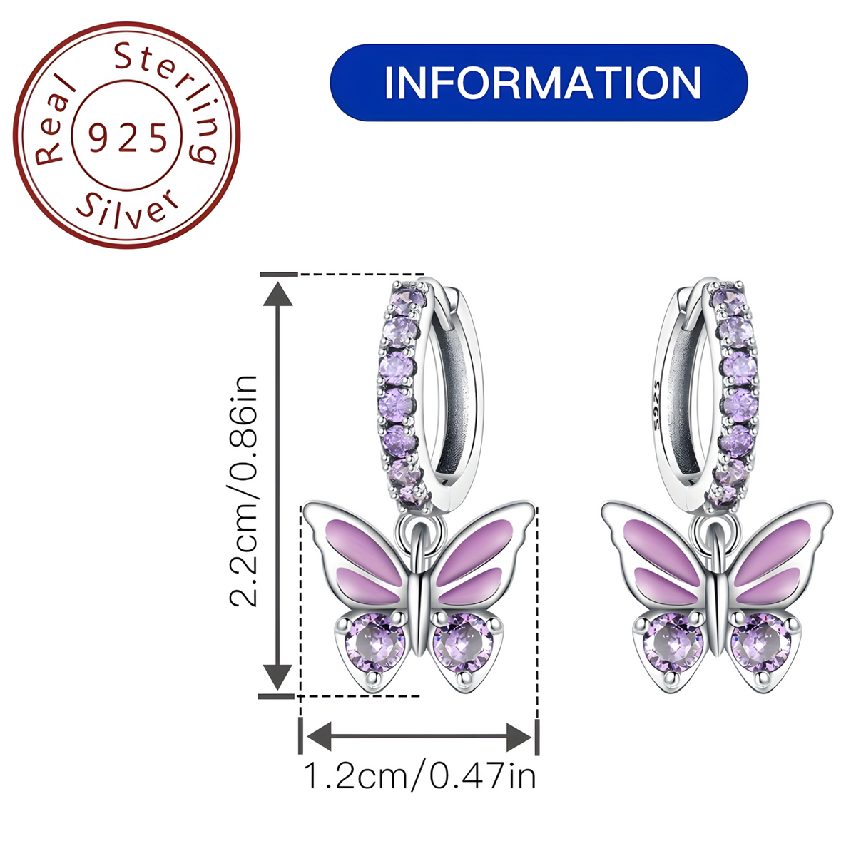 Sterling Silver Butterfly Dangle Earrings for Women 925 Silver Purple Zircon 845