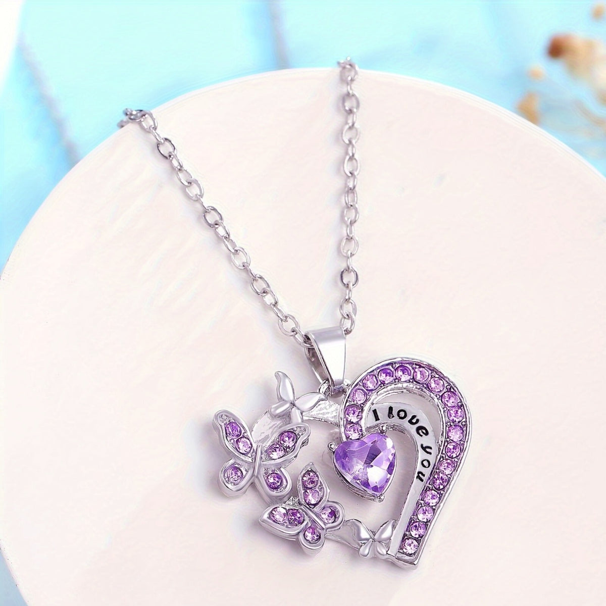 Purple Heart Butterfly "I Love You" Necklace | Silver Tone Pendant | Gift B9