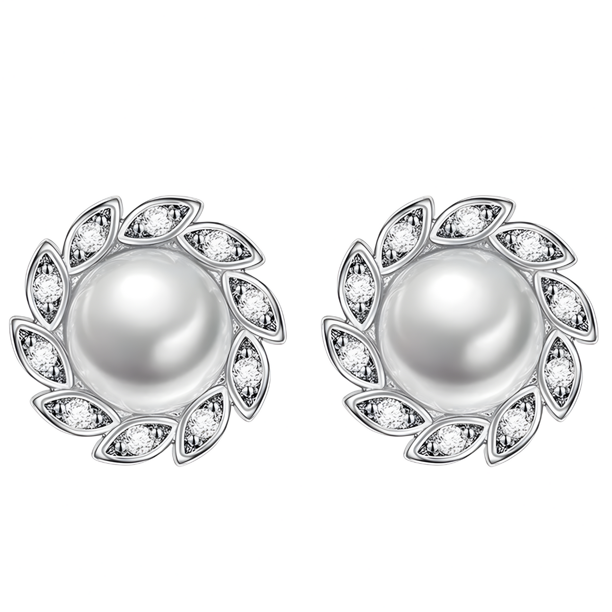 Sterling Silver Pearl Stud Earrings Women - 925 Silver Leaf-Inspired Crystal 310
