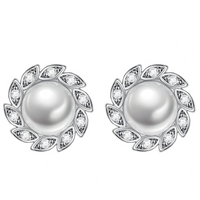 Sterling Silver Pearl Stud Earrings Women - 925 Silver Leaf-Inspired Crystal 310