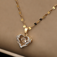 Gold Tone Stainless Steel Heart Pendant Necklace Women Sparkling Clear Stone B49