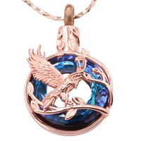 Rose Gold Phoenix Urn Necklace for Ashes Blue Crystal Memorial Pendant B204
