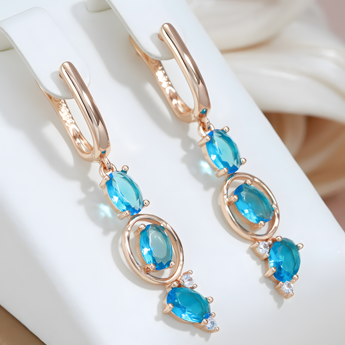 Blue Natural Zircon Drop Earrings for Women,Copper Alloy with 585 Rose Gold 1275