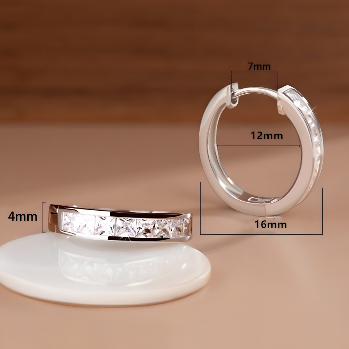 Brass & Cubic Zirconia Huggie Hoop Earrings Channel-Set Princess-Cut Stones 857