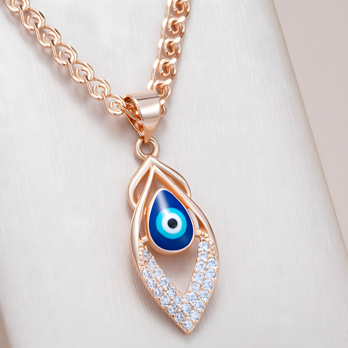 585 Rose Gold Evil Eye Pendant Necklace for Women, Blue Enamel Eye Zircon 1289