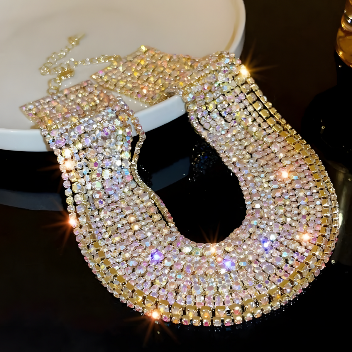 Women's Multilayer Gold Plated Choker Necklace Aurora Borealis Rhinestones 600