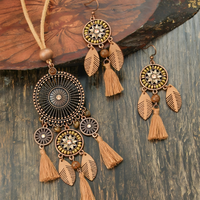 Boho Tassel Jewellery Set For Women Brown Flower Medallion Pendant Necklace 1711