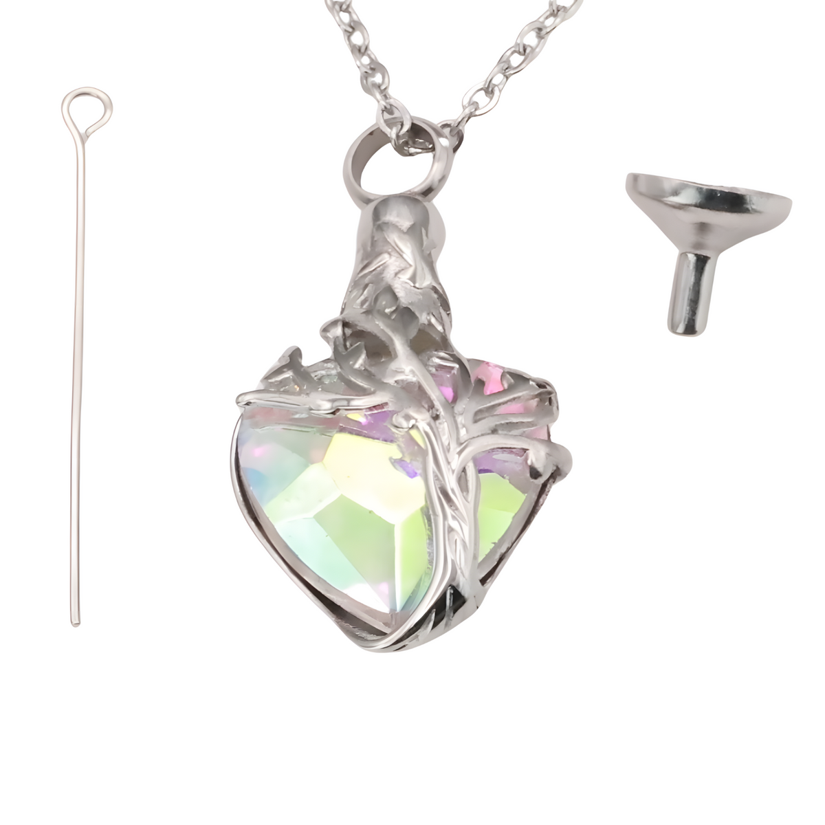Heart Tree of Life Urn Necklace Crystal Funnel Filler 316L Stainless Steel B209