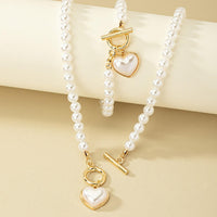 2 PCS Pearl Heart Necklace & Bracelet Set for Women – Simulated Pearl Beaded 708