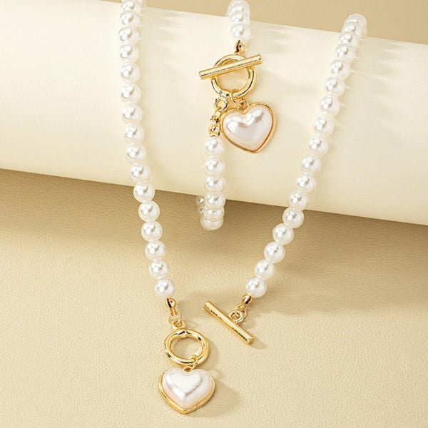 2 PCS Pearl Heart Necklace & Bracelet Set for Women – Simulated Pearl Beaded 708