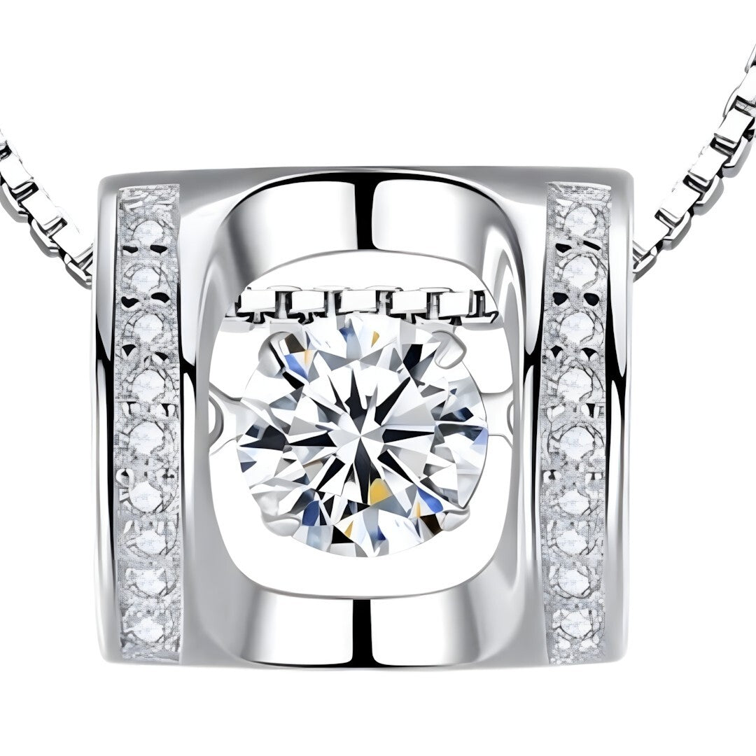 925 Sterling Silver Rotating Dancing Zircon - Necklace Sparkling Pendant 255