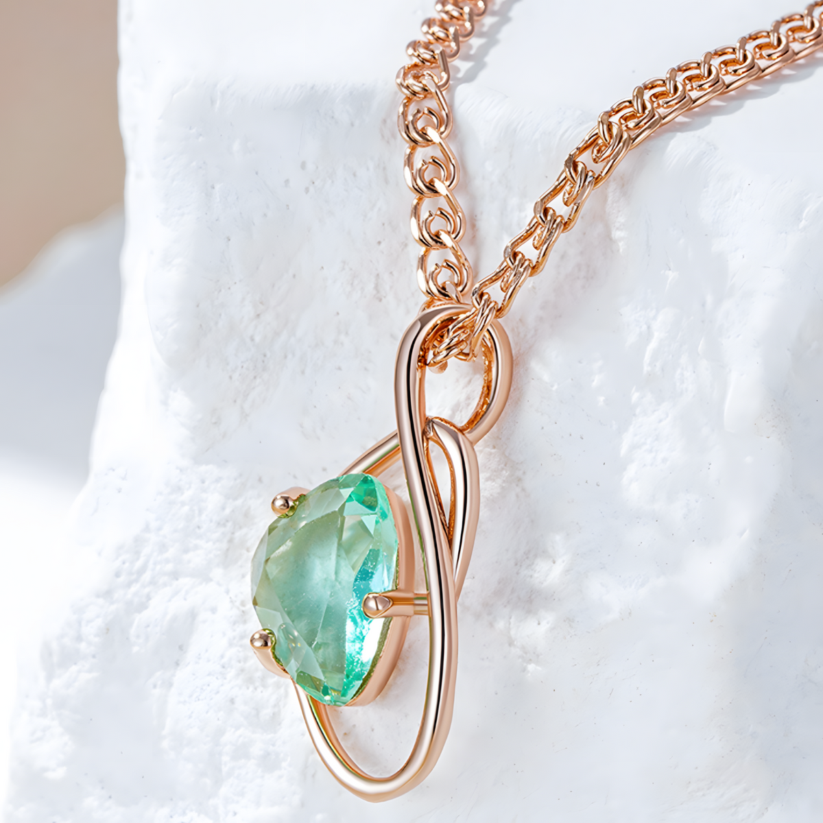 Transparent Light Green Stone Necklace Pendant Women 585 Rose Gold Color 1262