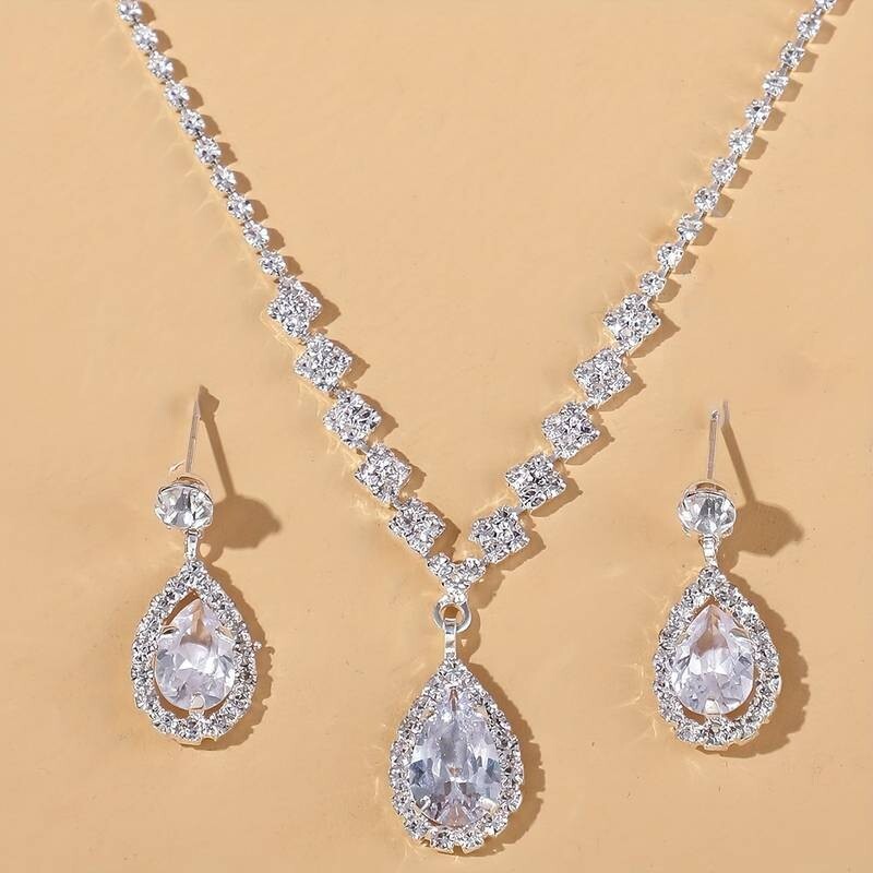 Women Silver Plated Zircon Pendant Necklace&Earring Fine Jewelry Set Wedding 59