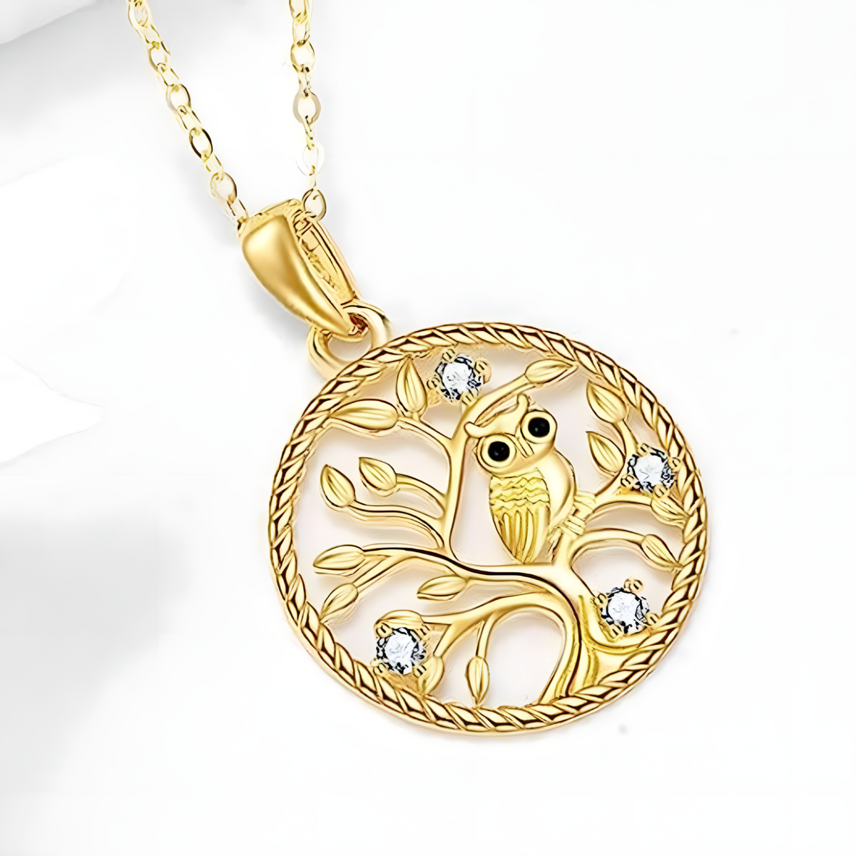 Round Gold Tone Owl Pendant Necklace – Metal Tree Of Life Design Crystal 1076