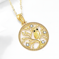 Round Gold Tone Owl Pendant Necklace – Metal Tree Of Life Design Crystal 1076