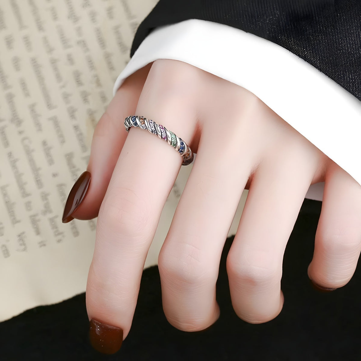 925 Sterling Silver Adjustable Ring, Colorful CZ Stone Ring, Twisted Rope 374