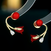 Red Rose Flower Stud Earrings for Women – Gold-Tone Crystal Plant Design 817