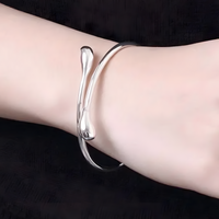 925 Silver-Plated Alloy Open Cuff Bangle Women – Water-Drop Ends, Adjustable 861