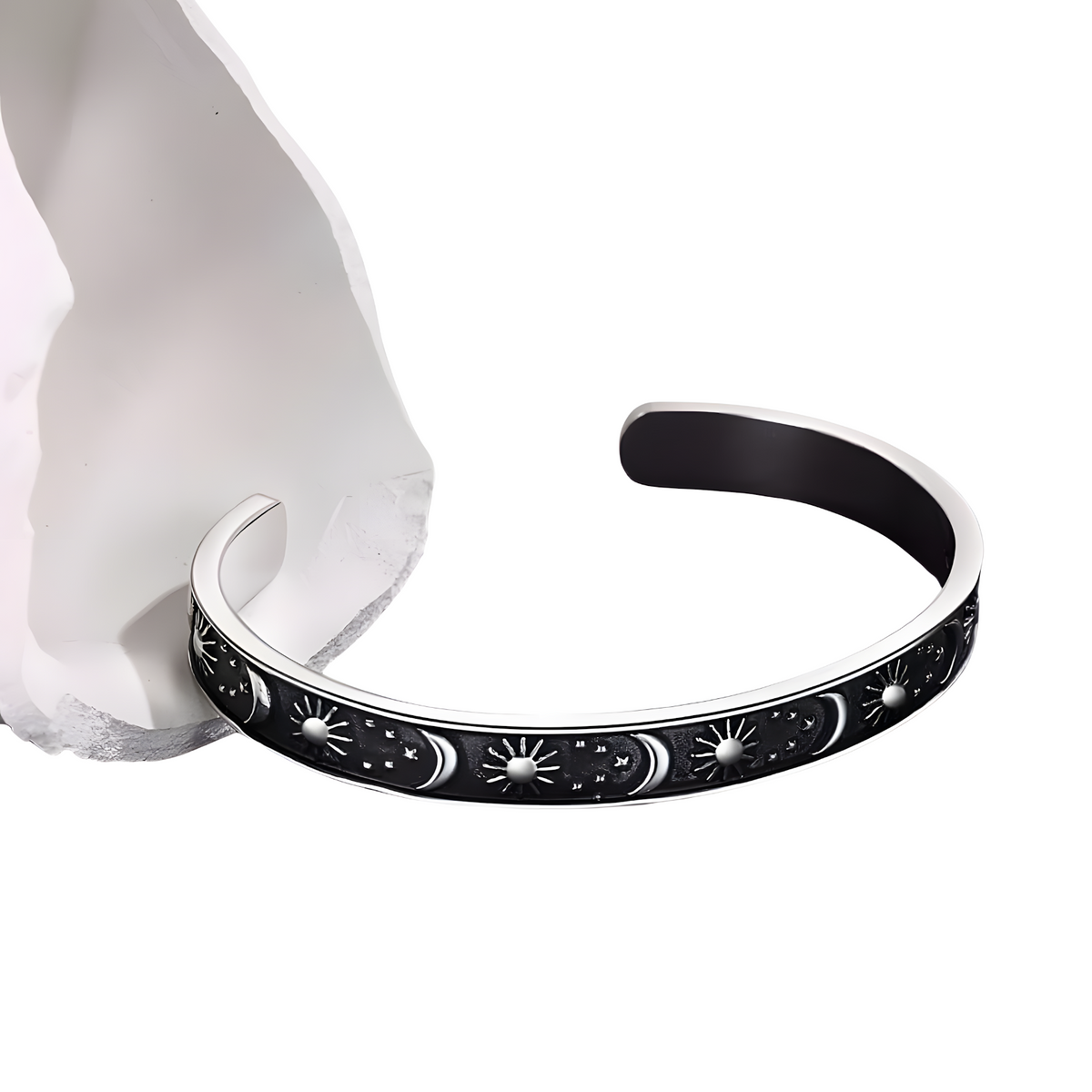 Stainless Steel Cuff Bracelet | Titanium Plated Silver Tone Bangle Moon Sun 614
