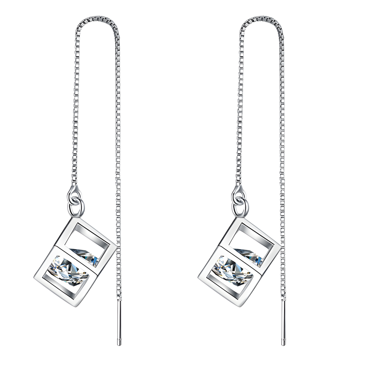 925 Silver-Plated Geometric Cube Zircon Drop Earrings Women Sparkling Round 924