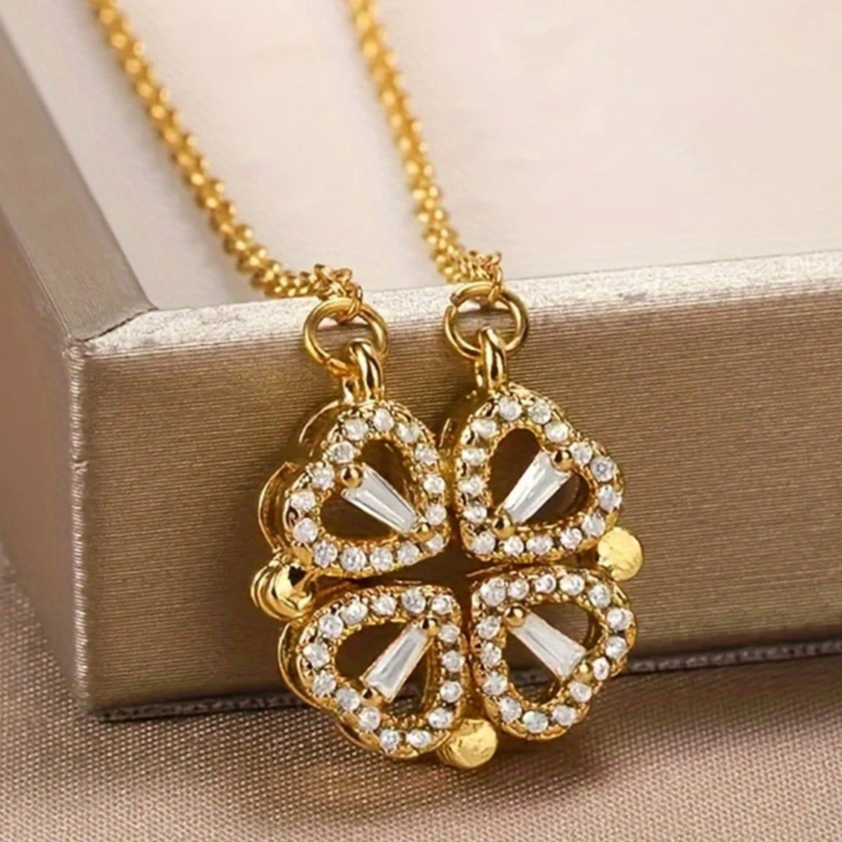 Magnetic Four Leaf Clover Necklace, Gold-Toned Chain, Sparkling CZ Stones 373