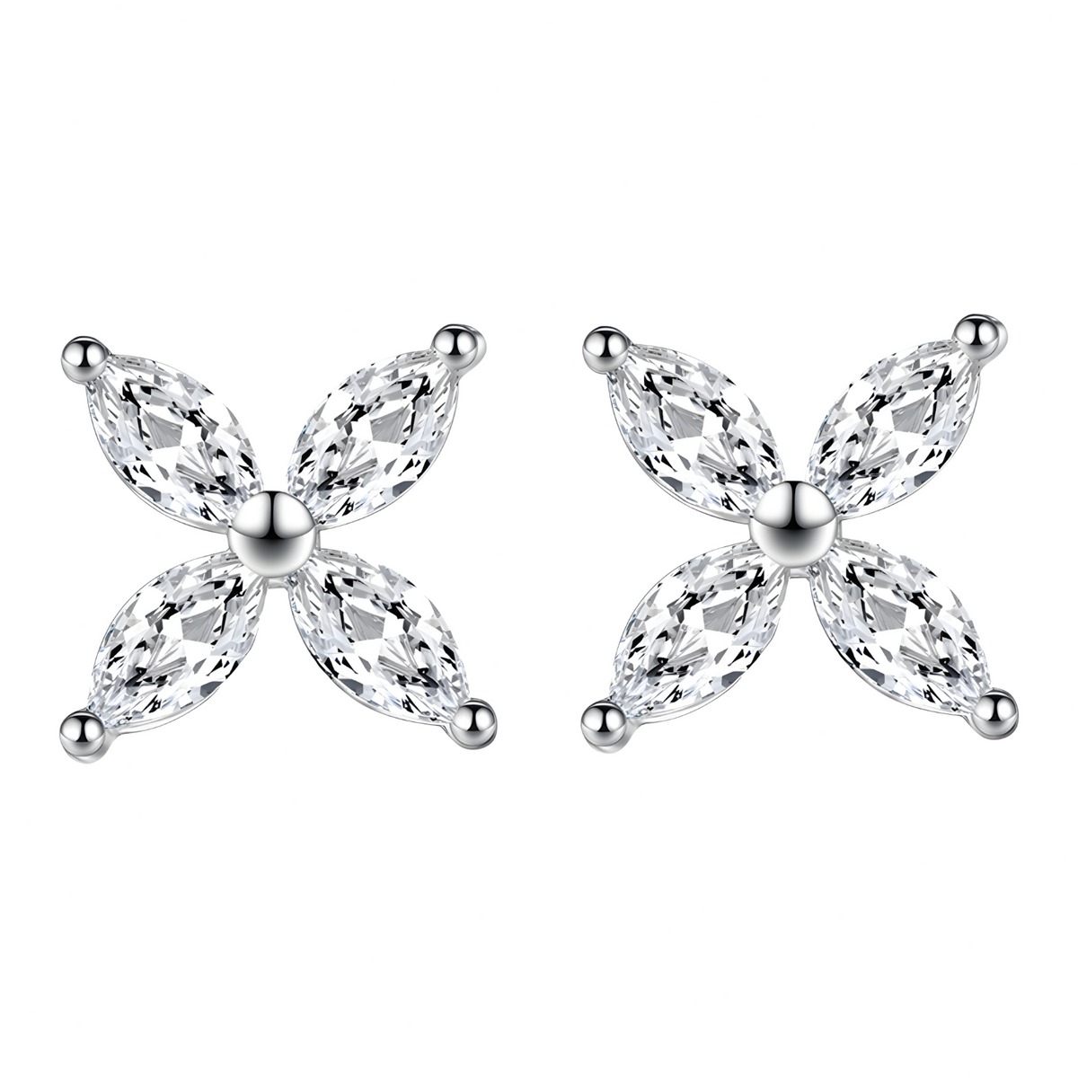 4-Petal Zircon Stud Earrings Women – 925 Silver-Plated Alloy Floral Design 1002
