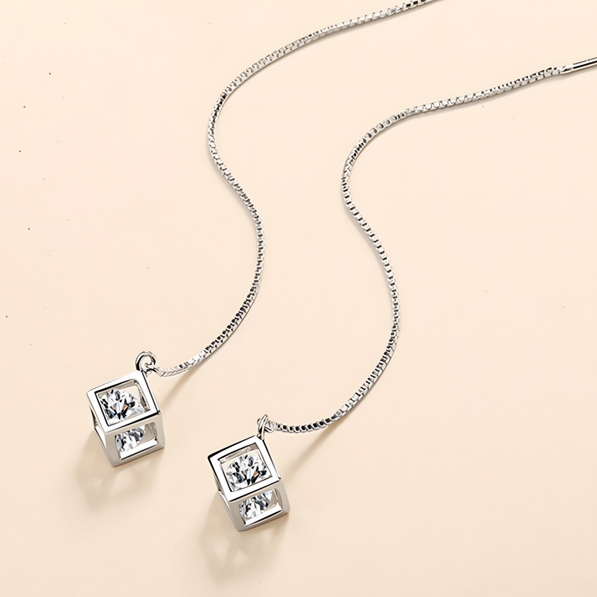 925 Silver-Plated Geometric Cube Zircon Drop Earrings Women Sparkling Round 924
