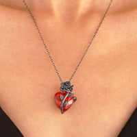 Womens Red Heart Rose Pendant Necklace-Black Rhodium-Plated Alloy, Faceted 1315