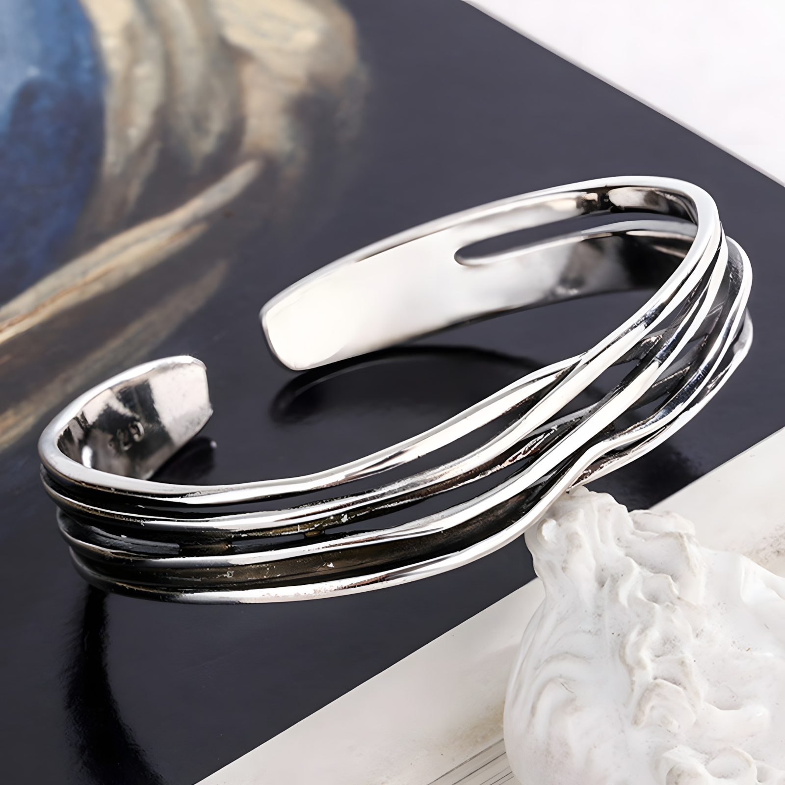 Unified Jewellery Braided Open Cuff Bracelet Silver Tone Woven Statement 1896