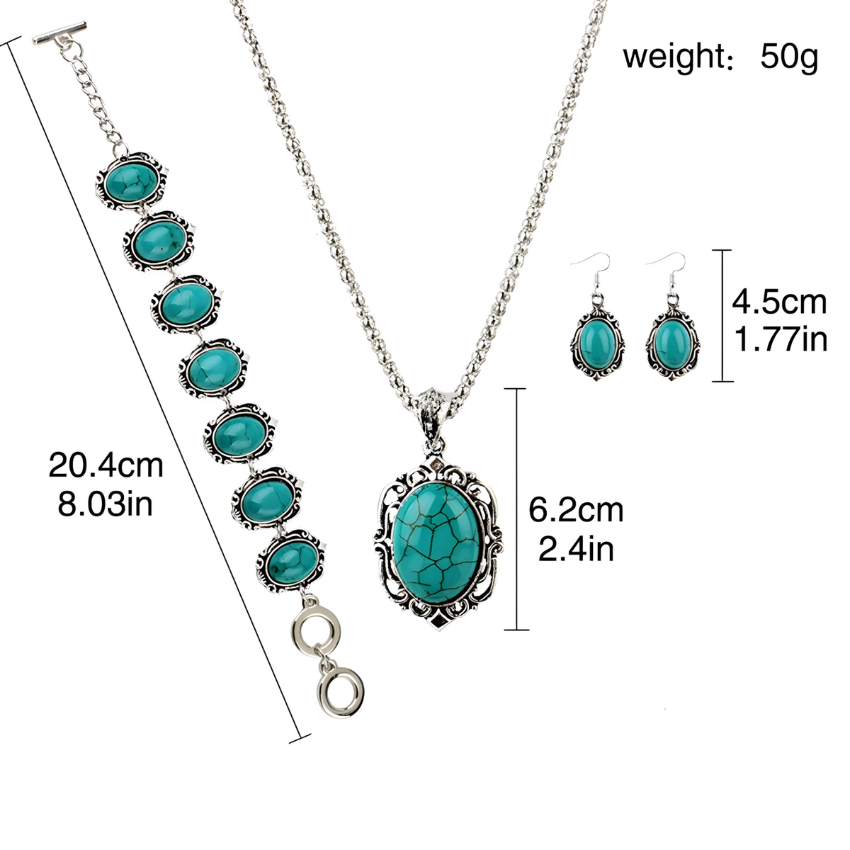 Vintage Turquoise Jewelry Set Women Necklace Bracelet Earrings Blue Stone B265